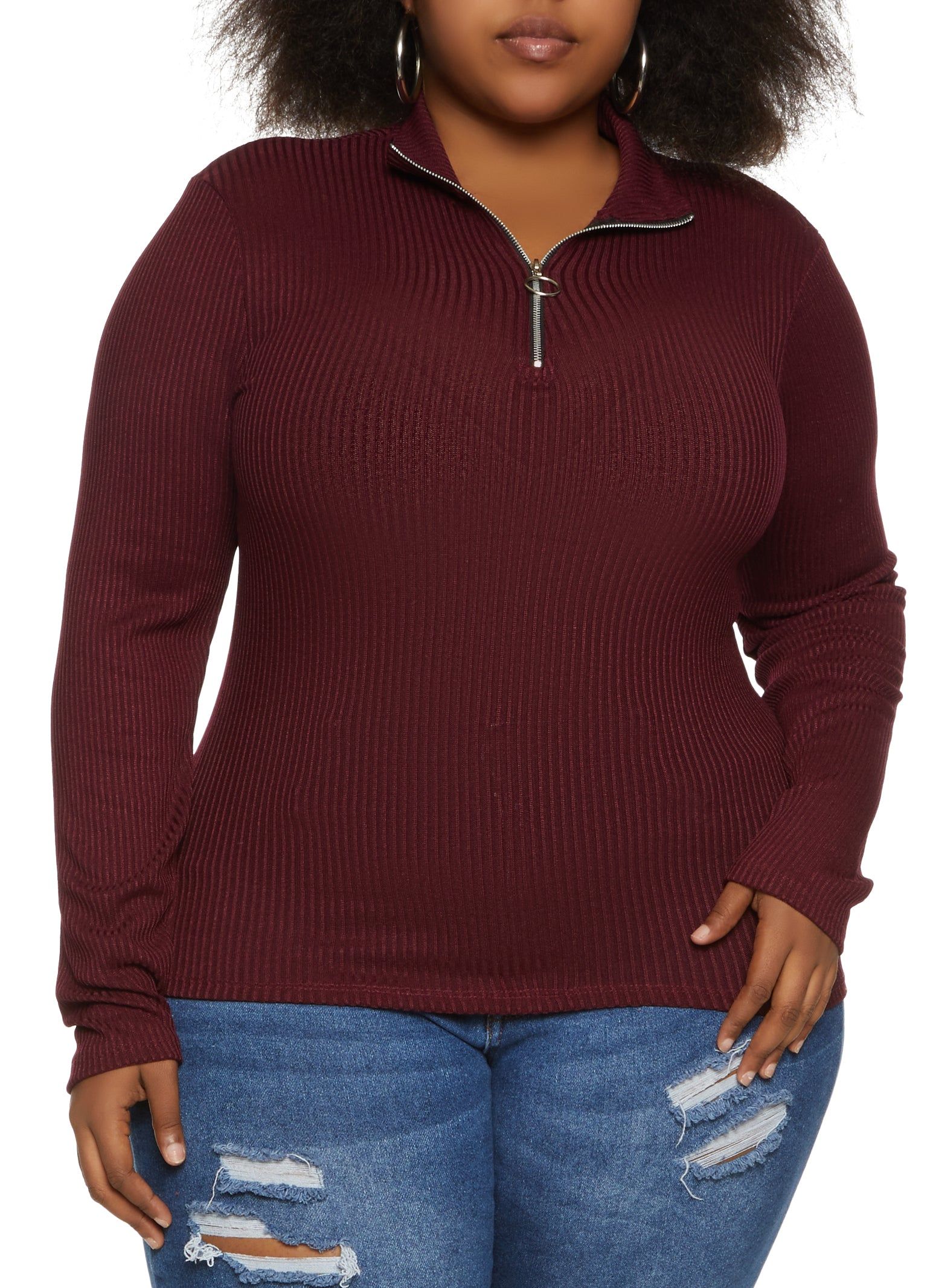 Plus Size Ribbed Knit Half Zip Top sold by Rainbow