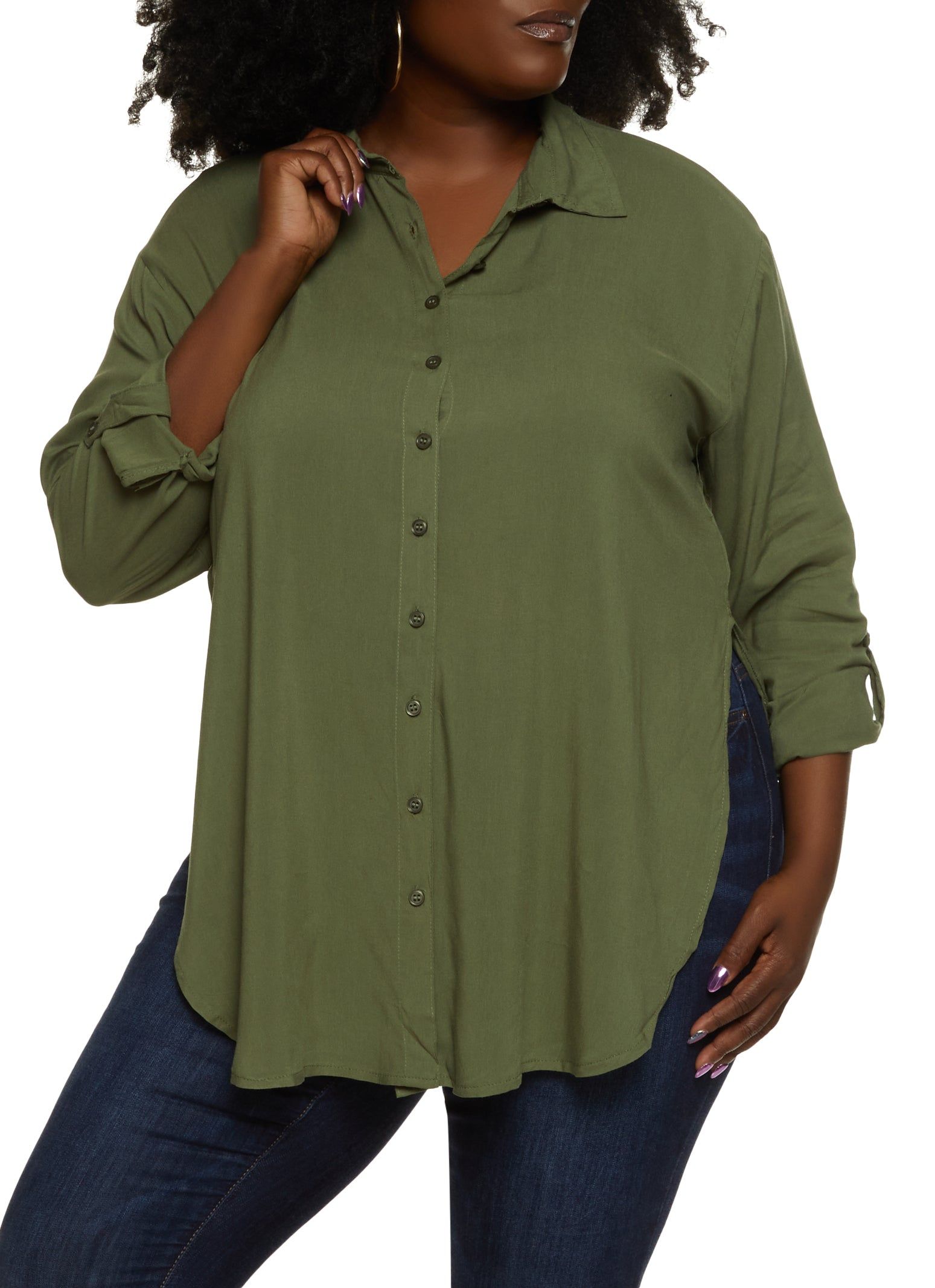 Plus Size Solid Button Front Tunic Shirt sold by Rainbow