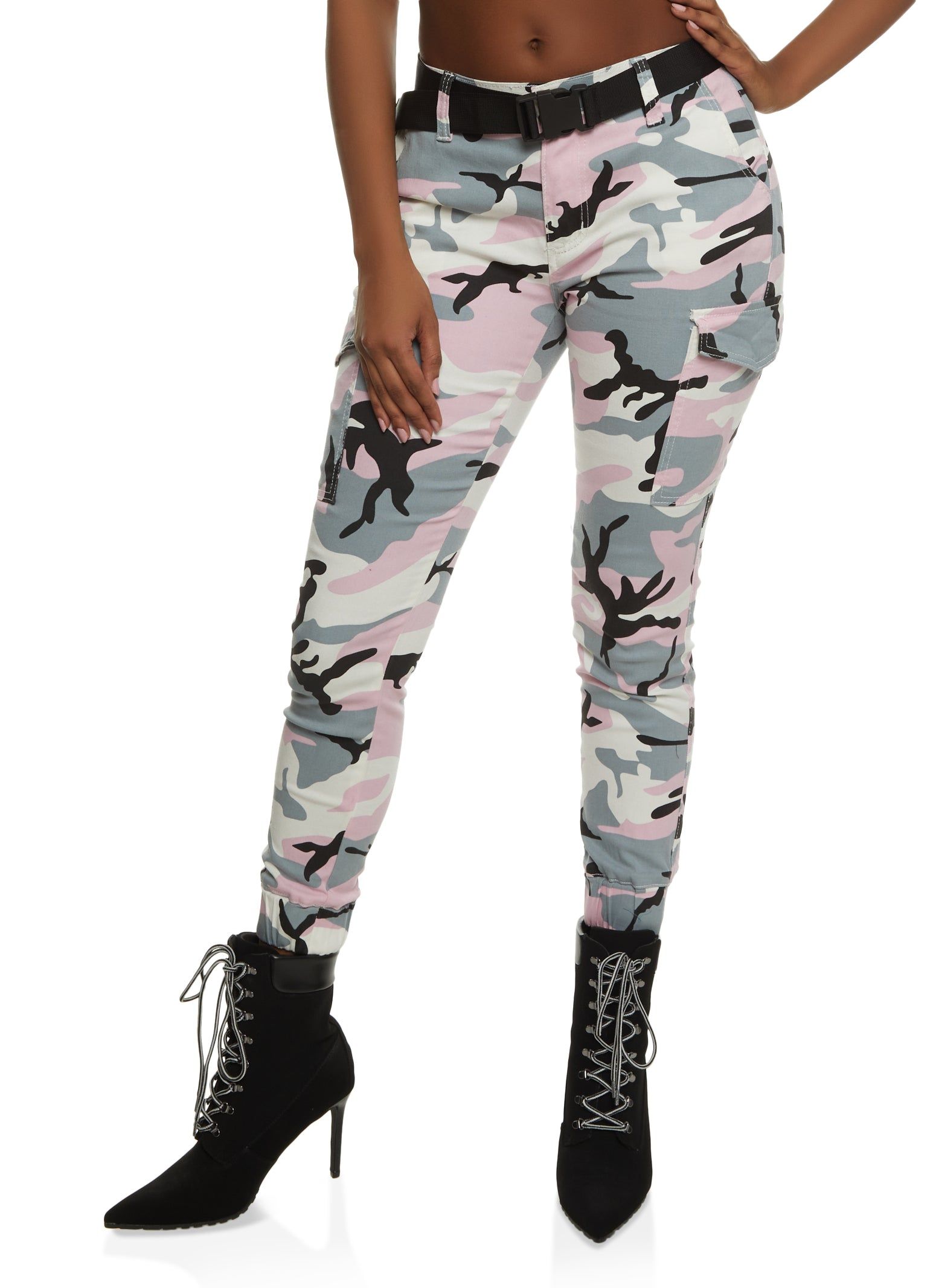 Almost Famous Belted Camo Cargo Joggers sold by Rainbow