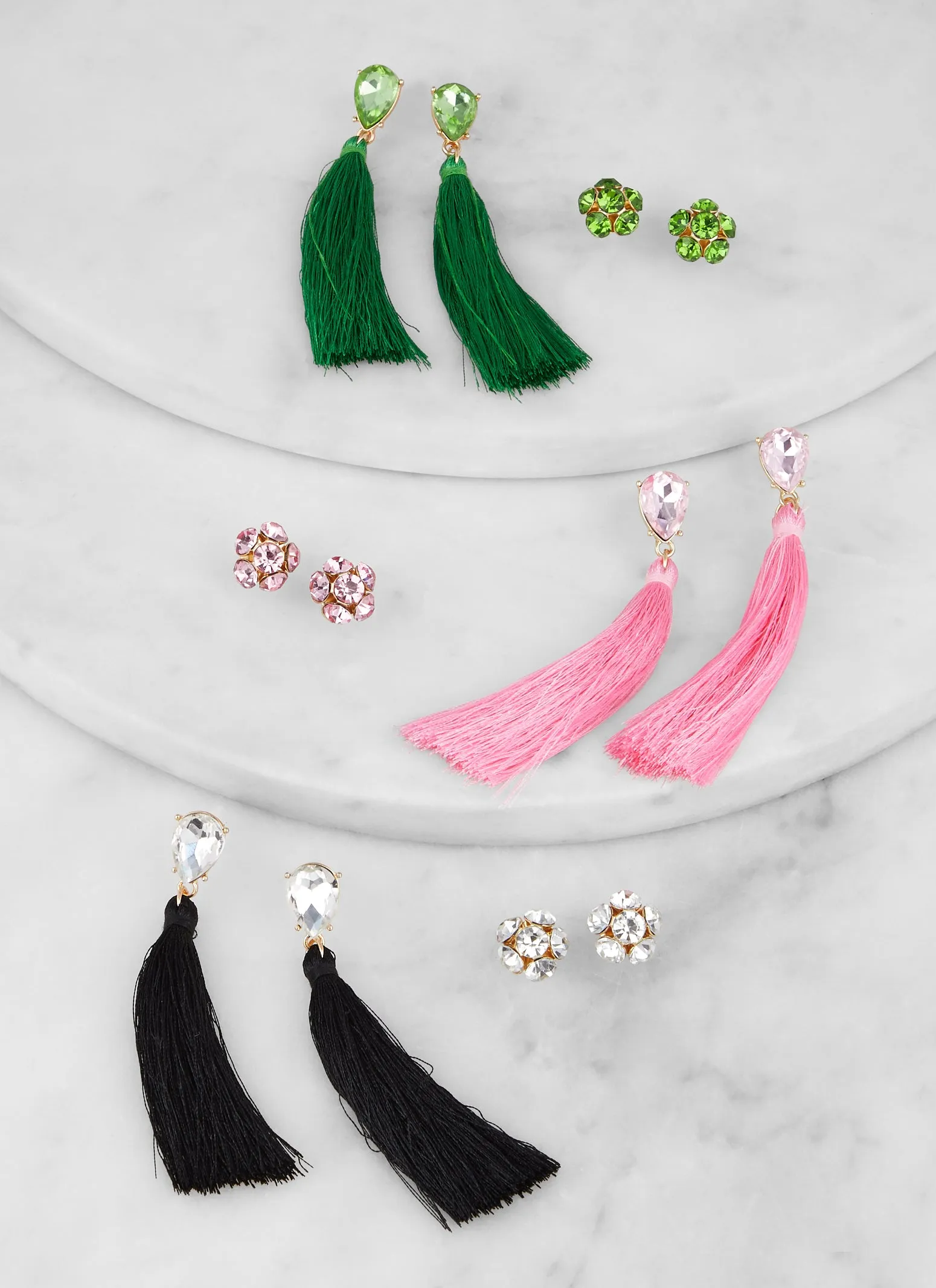 Assorted Rhinestone Tassle and Stud Earrings Set of 6 sold by Rainbow