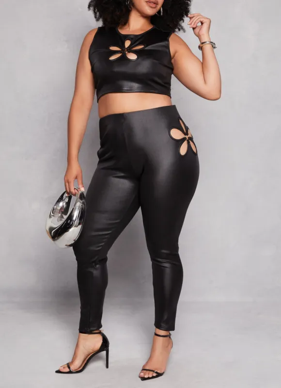 Plus Size Leather Look Flower Keyhole Leggings sold by Rainbow