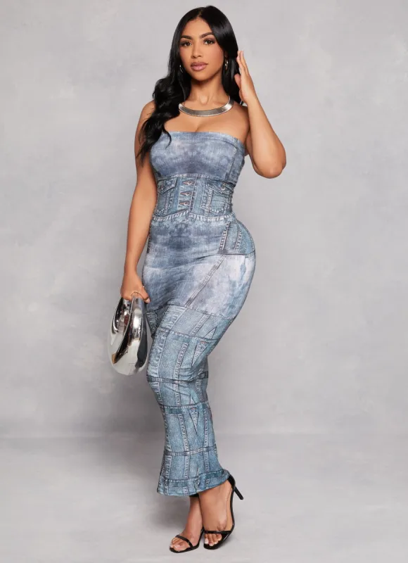 Seamless Denim Print Maxi Tube Dress sold by Rainbow