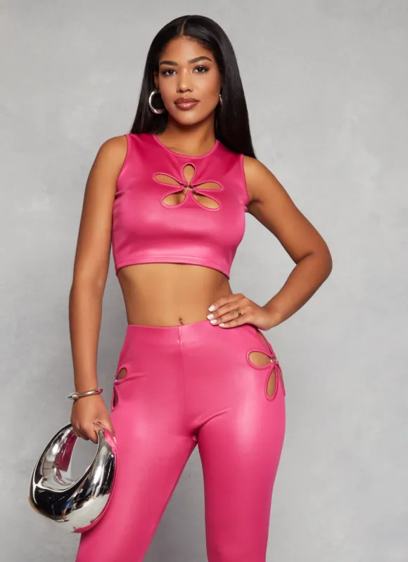 Leather Look Flower Keyhole Crop Top sold by Rainbow