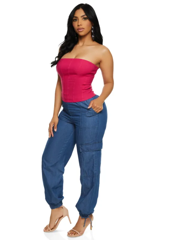 Almost Famous Chambray High Waist Cargo Pocket Joggers sold by Rainbow
