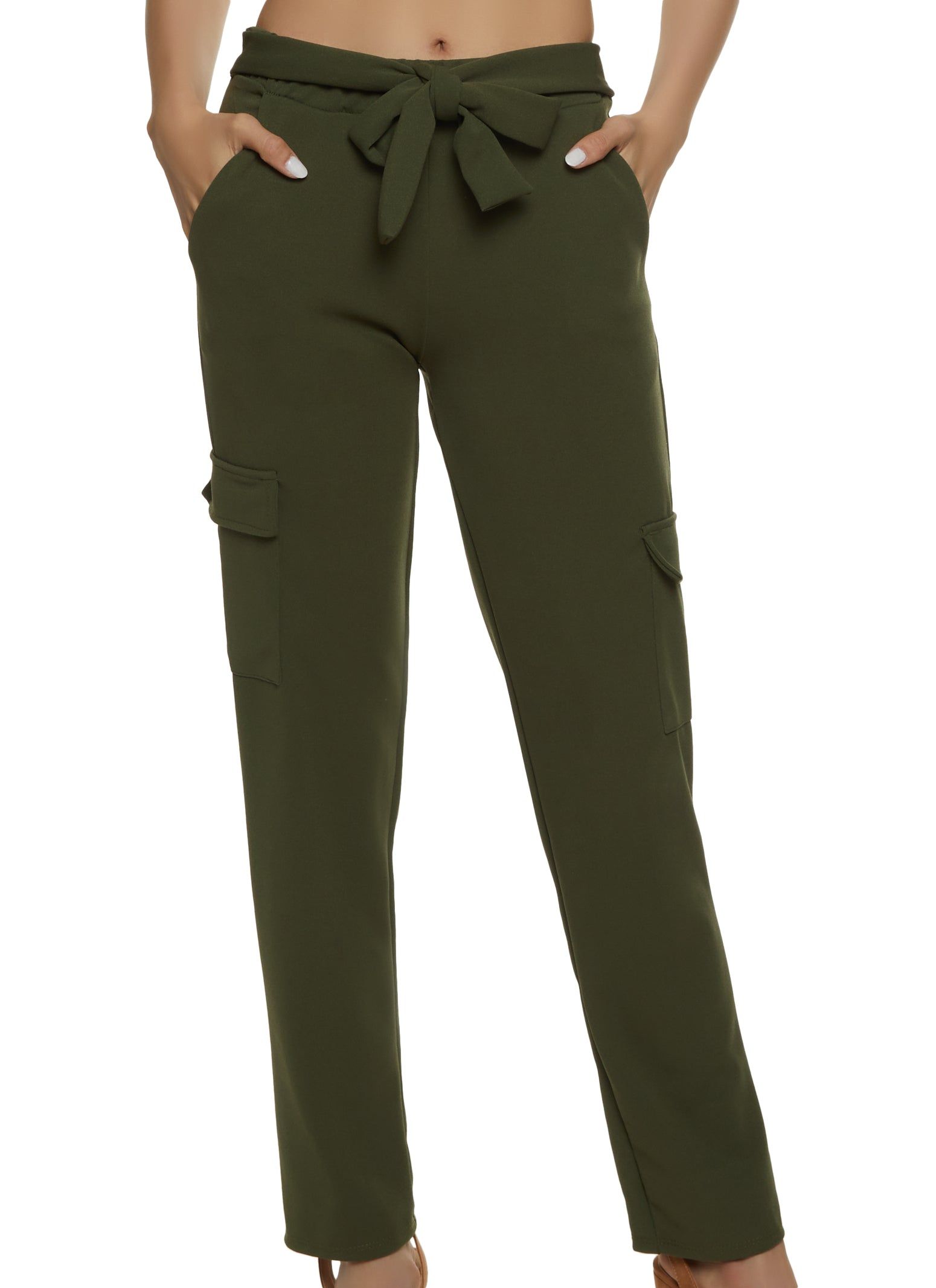 Crepe Knit Tie Waist Cargo Pants sold by Rainbow