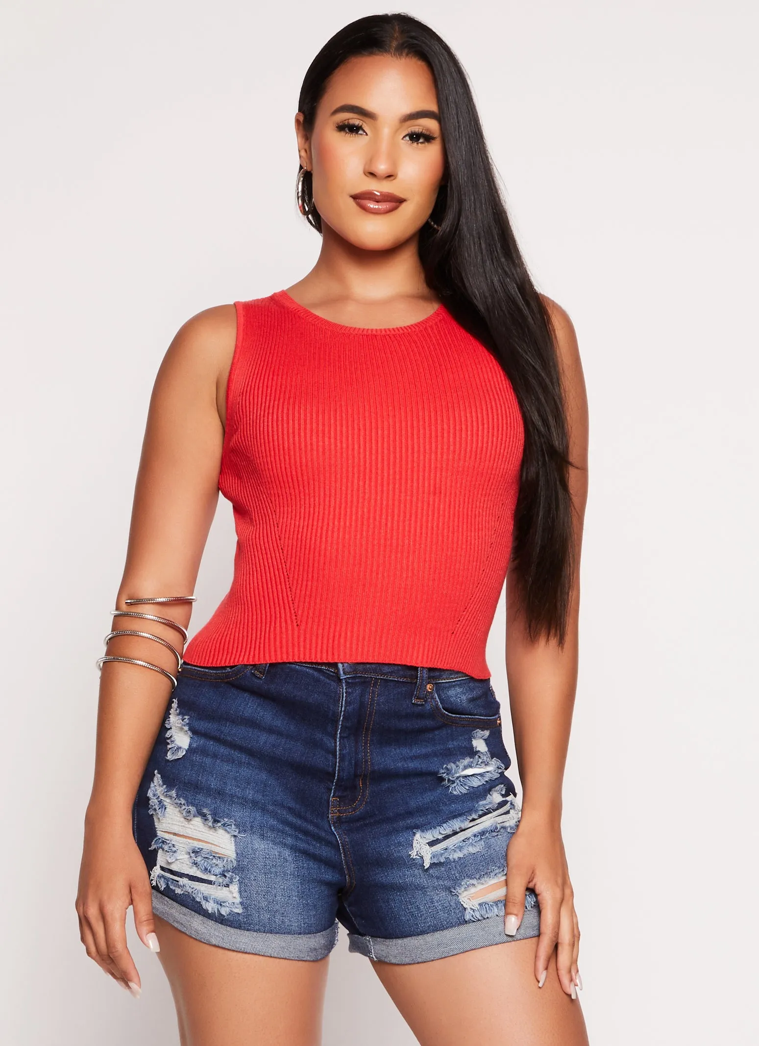 Ribbed Knit Crew Neck Cropped Tank Top sold by Rainbow