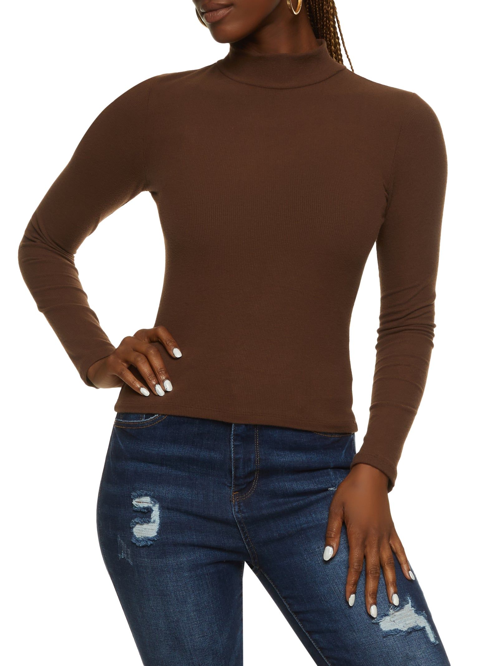 Ribbed Mock Neck Long Sleeve Top sold by Rainbow