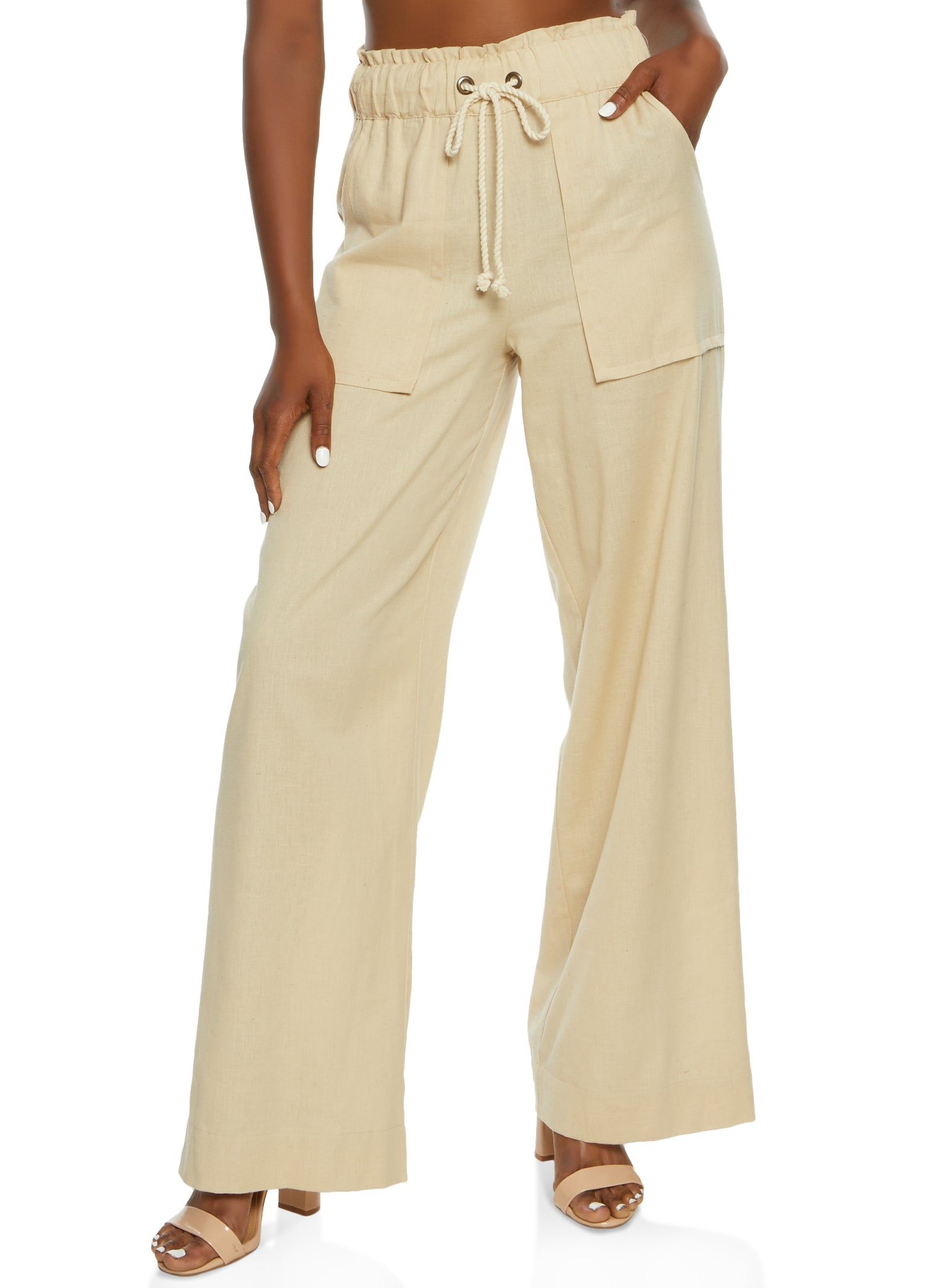 Linen Drawstring High Waist Wide Leg Pants sold by Rainbow