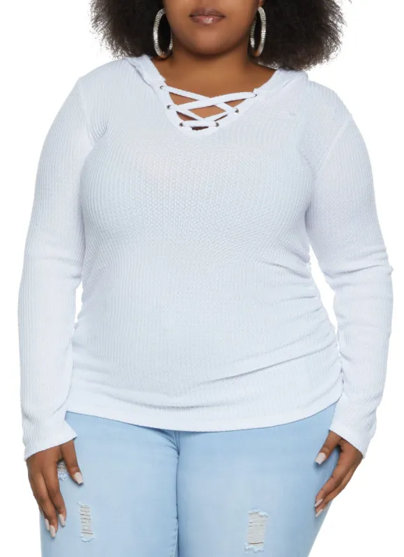 Plus Size Waffle Knit Lace Up Hooded Top sold by Rainbow