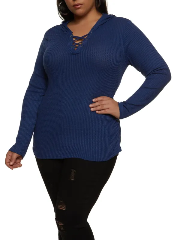 Plus Size Waffle Knit Lace Up Hooded Top sold by Rainbow