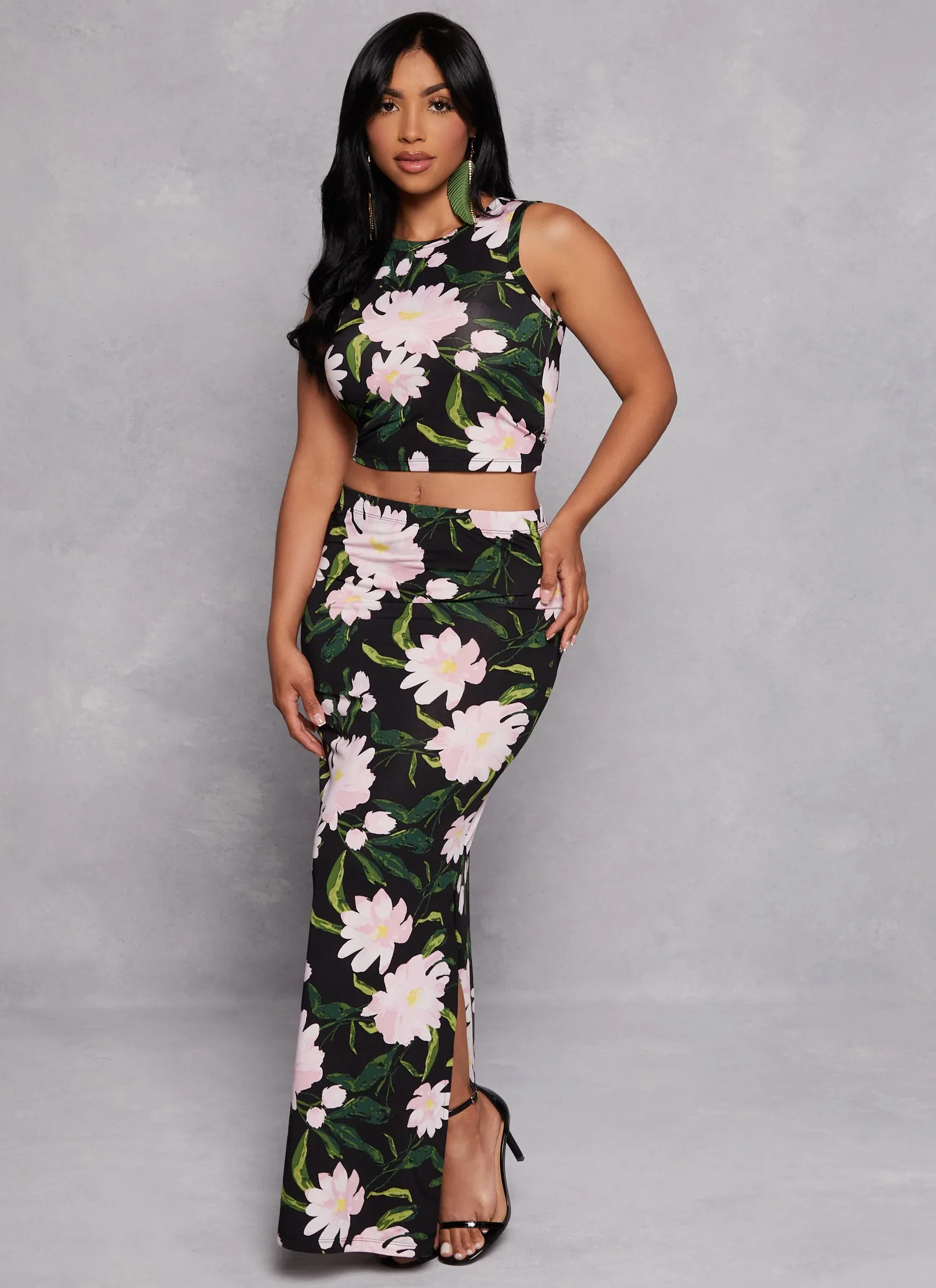 Floral Cropped Tank Top and Maxi Skirt Set sold by Rainbow