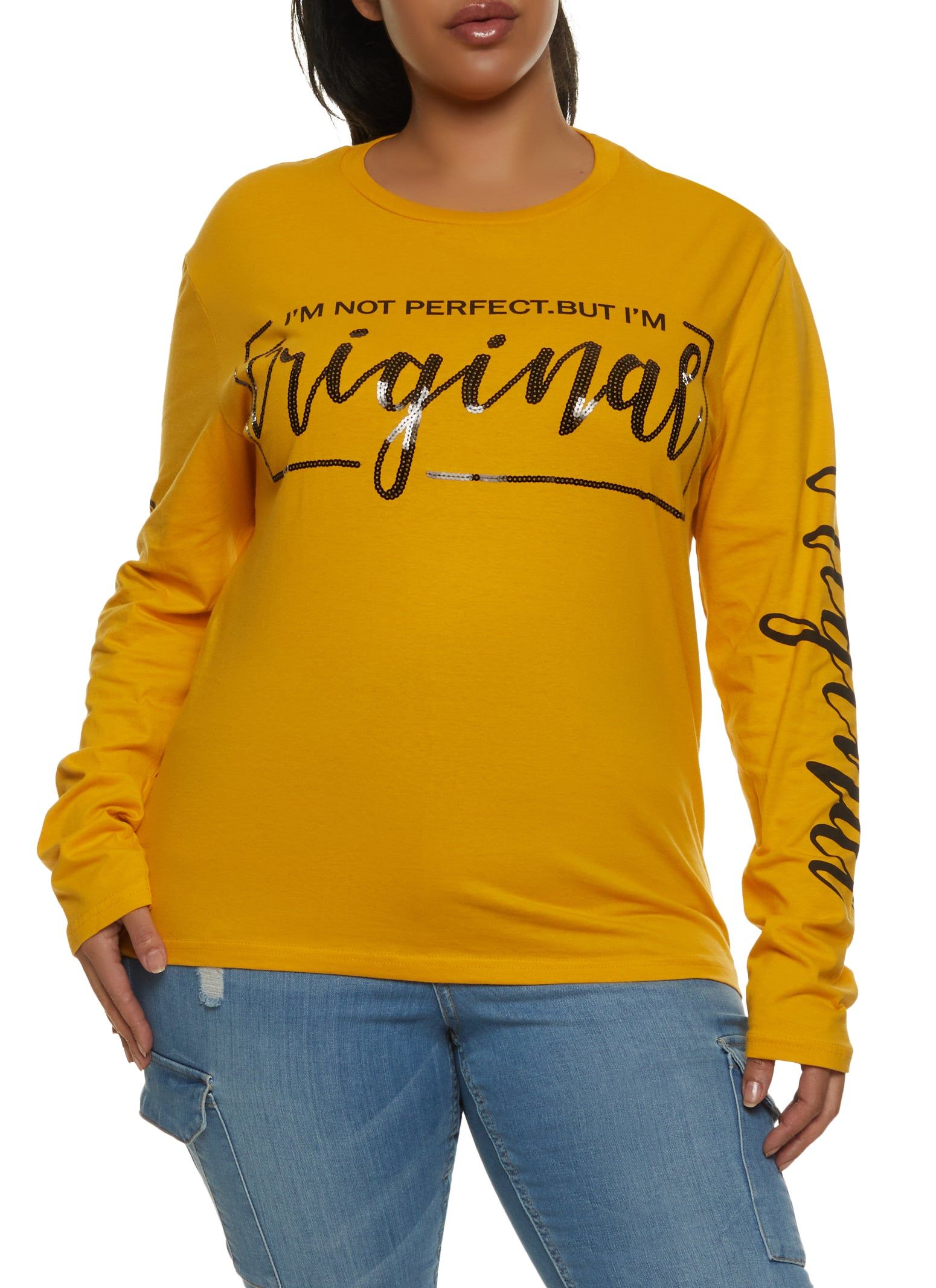 Plus Size Not Perfect But Original Sequin Graphic Tee sold by Rainbow