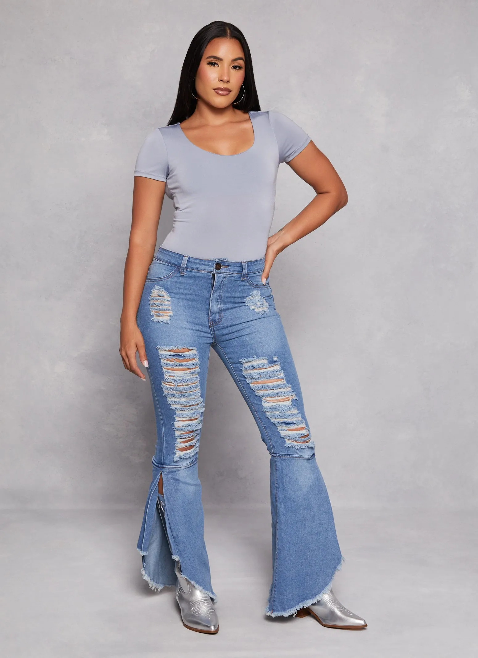 High Waist Distressed Raw Hem Flare Jeans sold by Rainbow