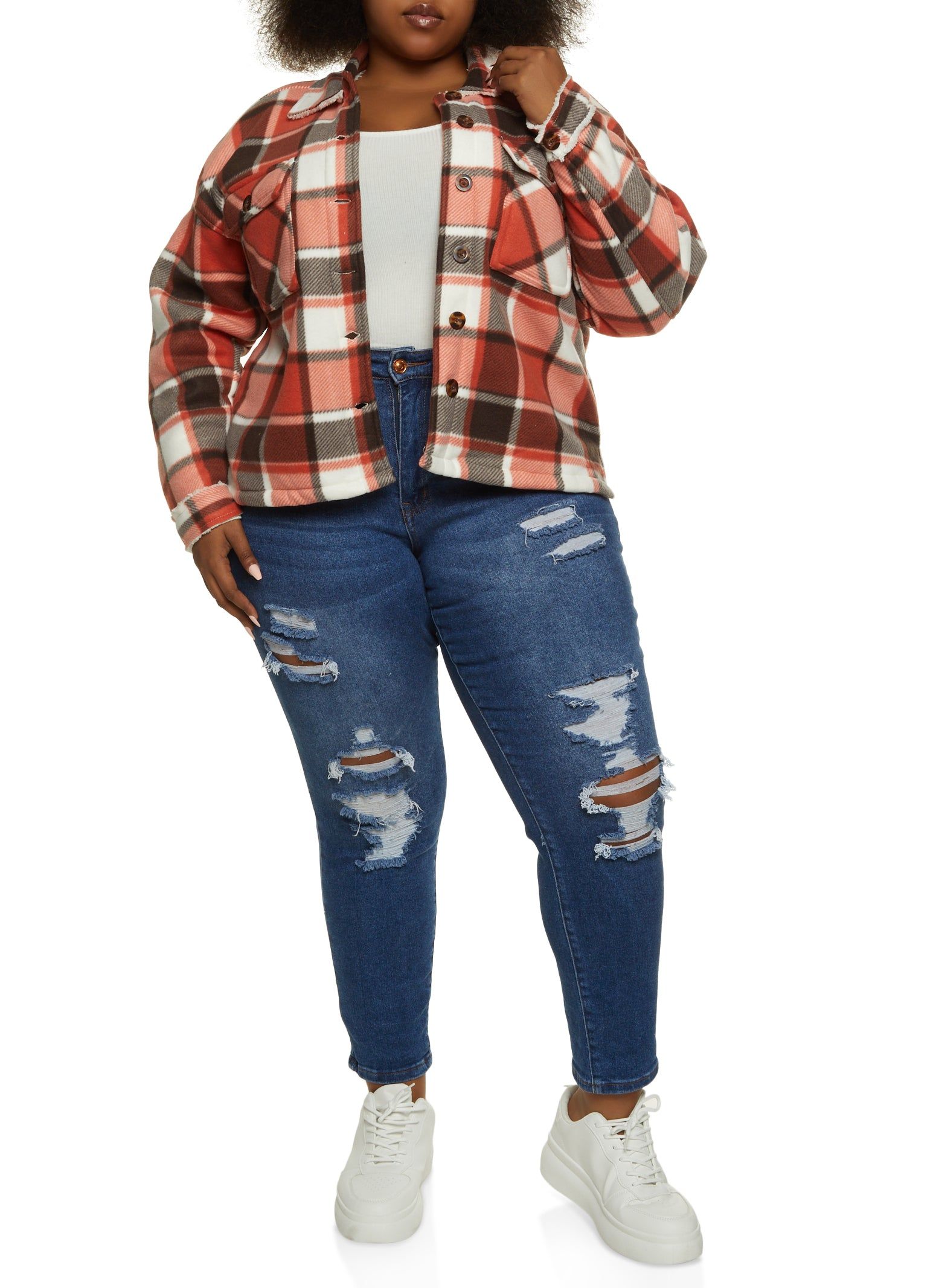 Plus Size Plaid Sherpa Lined Brushed Knit Shacket sold by Rainbow product image thumbnail 2