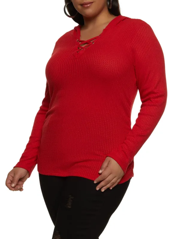 Plus Size Waffle Knit Lace Up Hooded Top sold by Rainbow