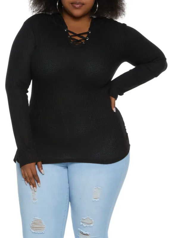 Plus Size Waffle Knit Lace Up Hooded Top sold by Rainbow