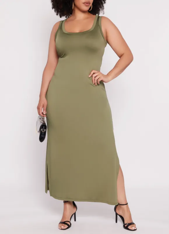 Plus Size Scoop Neck Side Slit Maxi Tank Dress sold by Rainbow