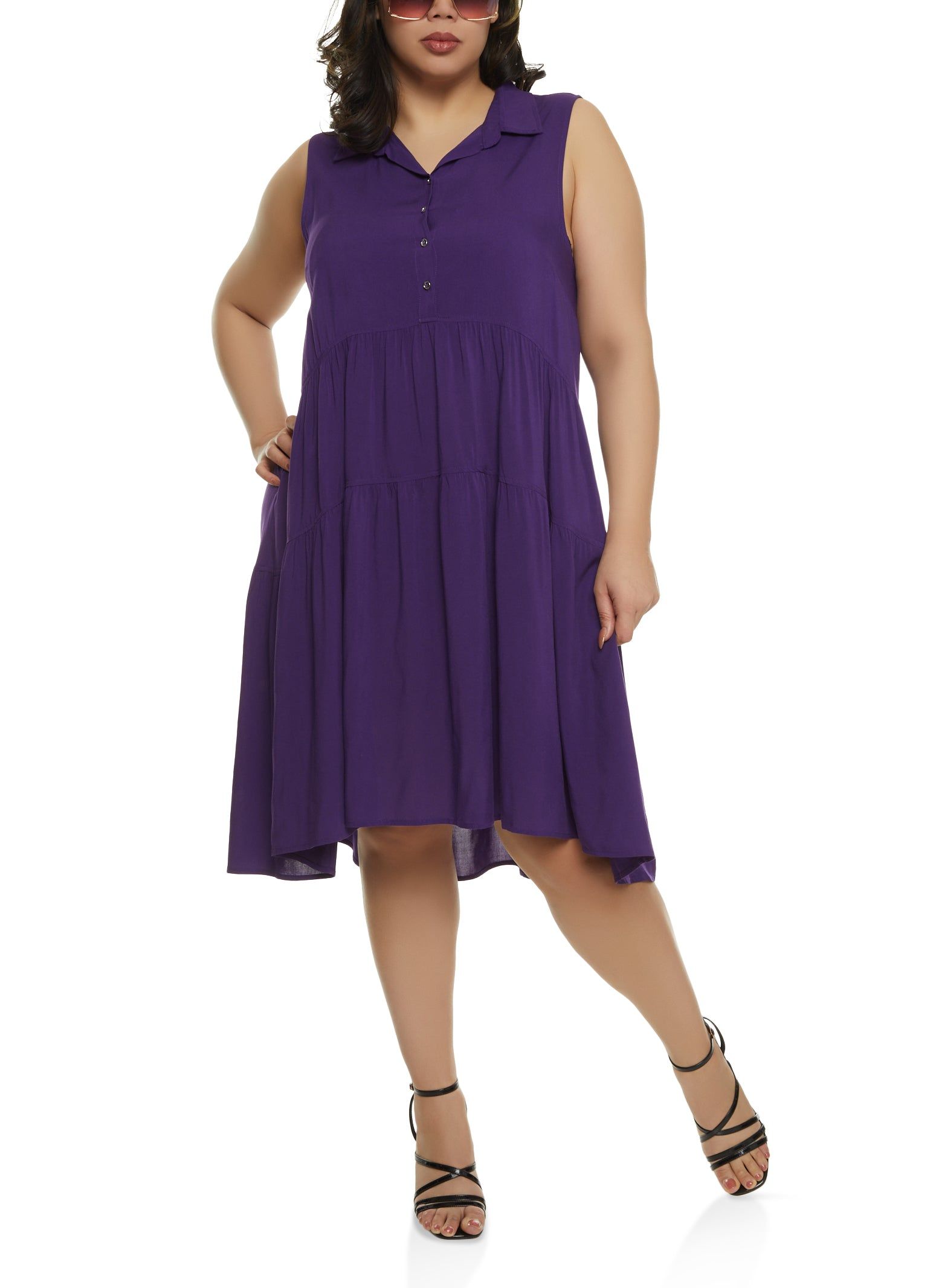 Plus Size Half Button Tiered Shift Dress sold by Rainbow