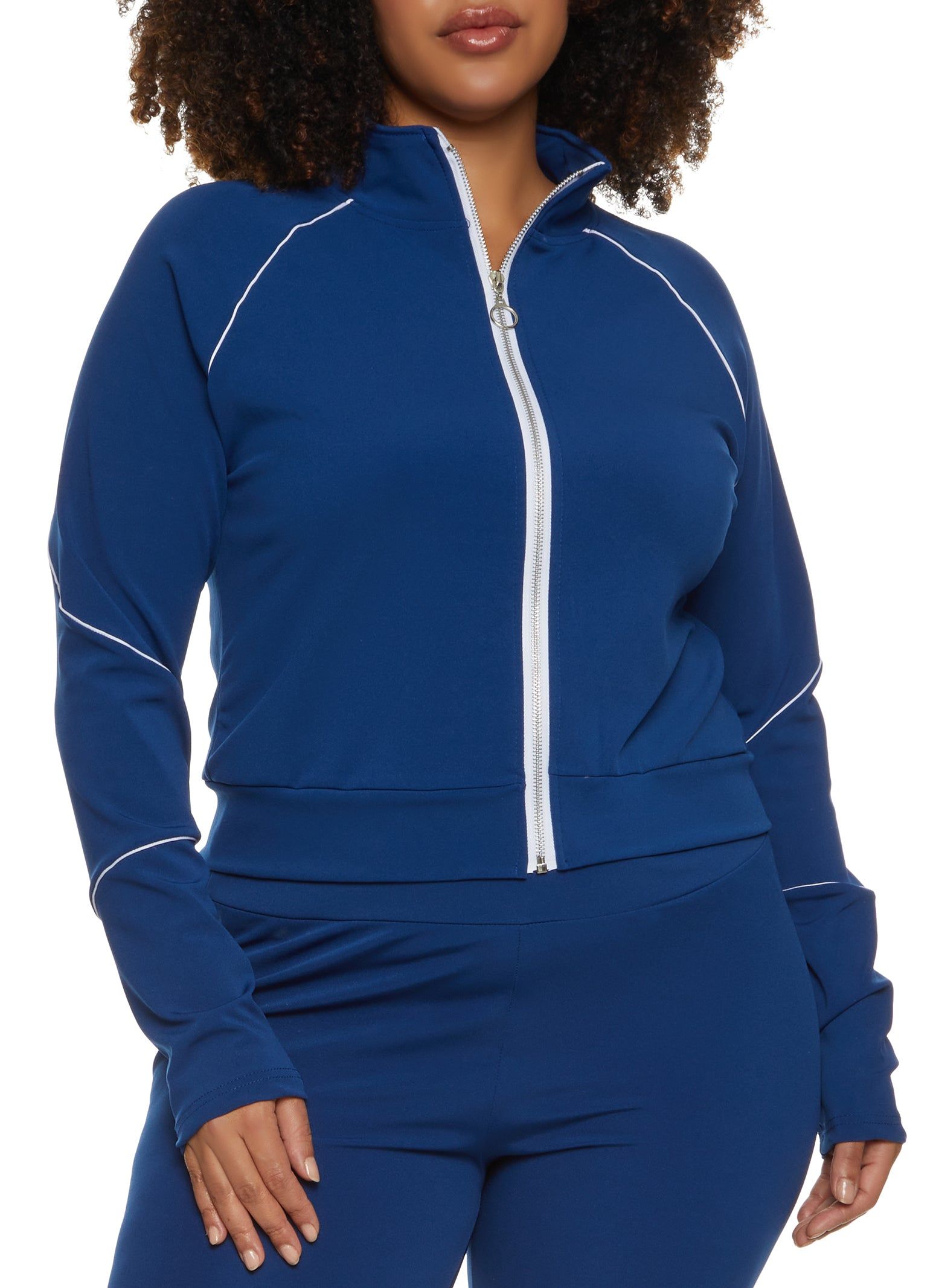 Plus Size Zip Front Contrast Piping Track Jacket sold by Rainbow