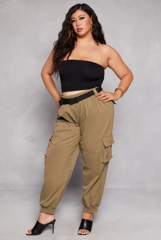 Plus Size Poplin Buckle Belted Cargo Joggers sold by Rainbow
