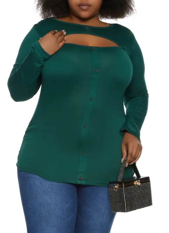 Plus Size Button Detail Cut Out Long Sleeve Top sold by Rainbow