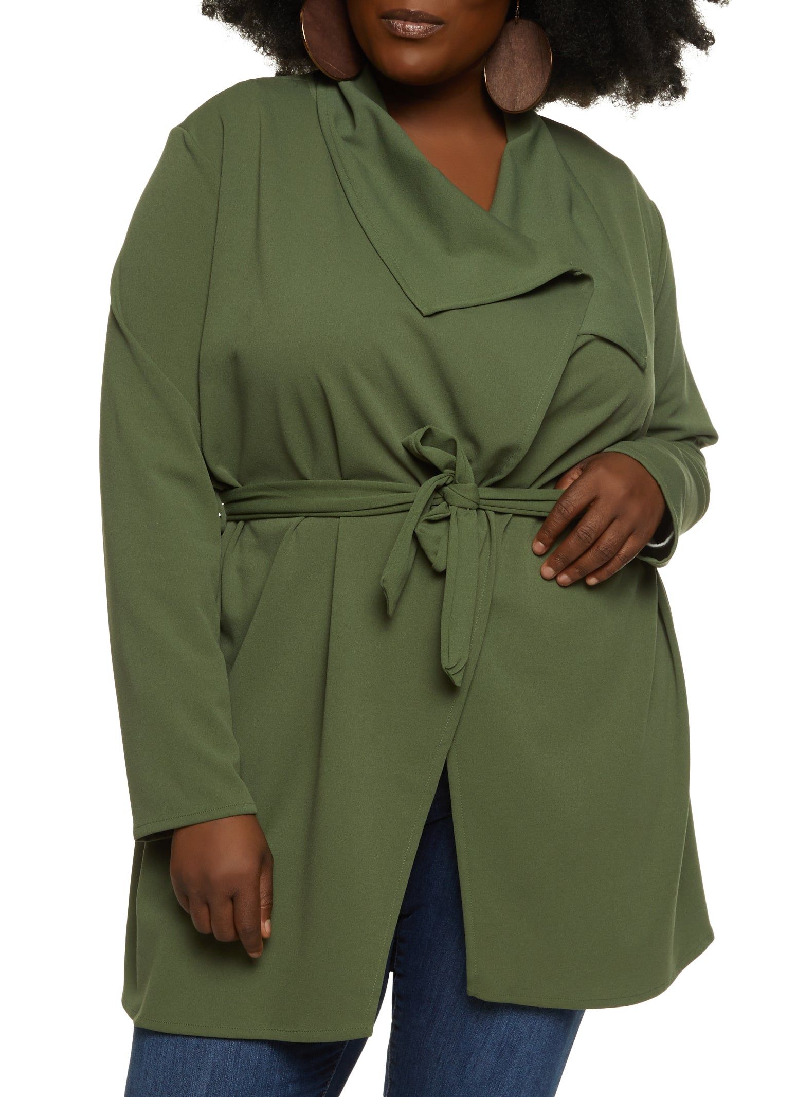 Plus Size Crepe Knit Draped Collar Wrap Coat sold by Rainbow