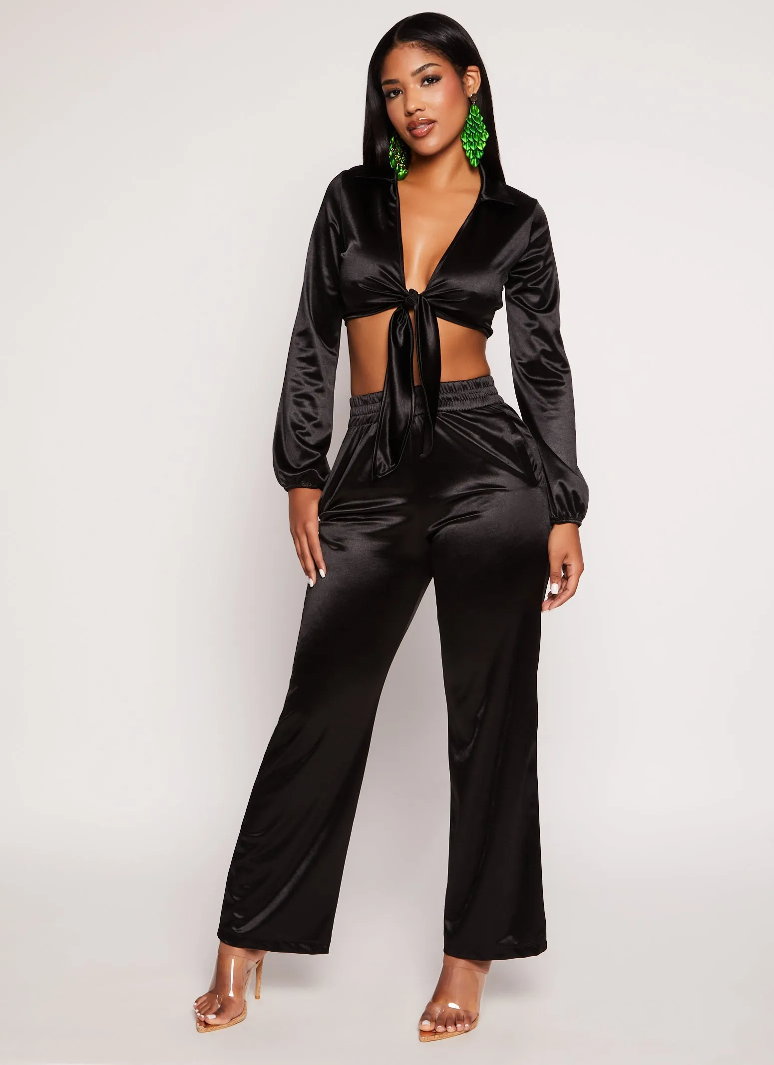 Satin Tie Front Long Sleeve Crop Top sold by Rainbow product image thumbnail 2