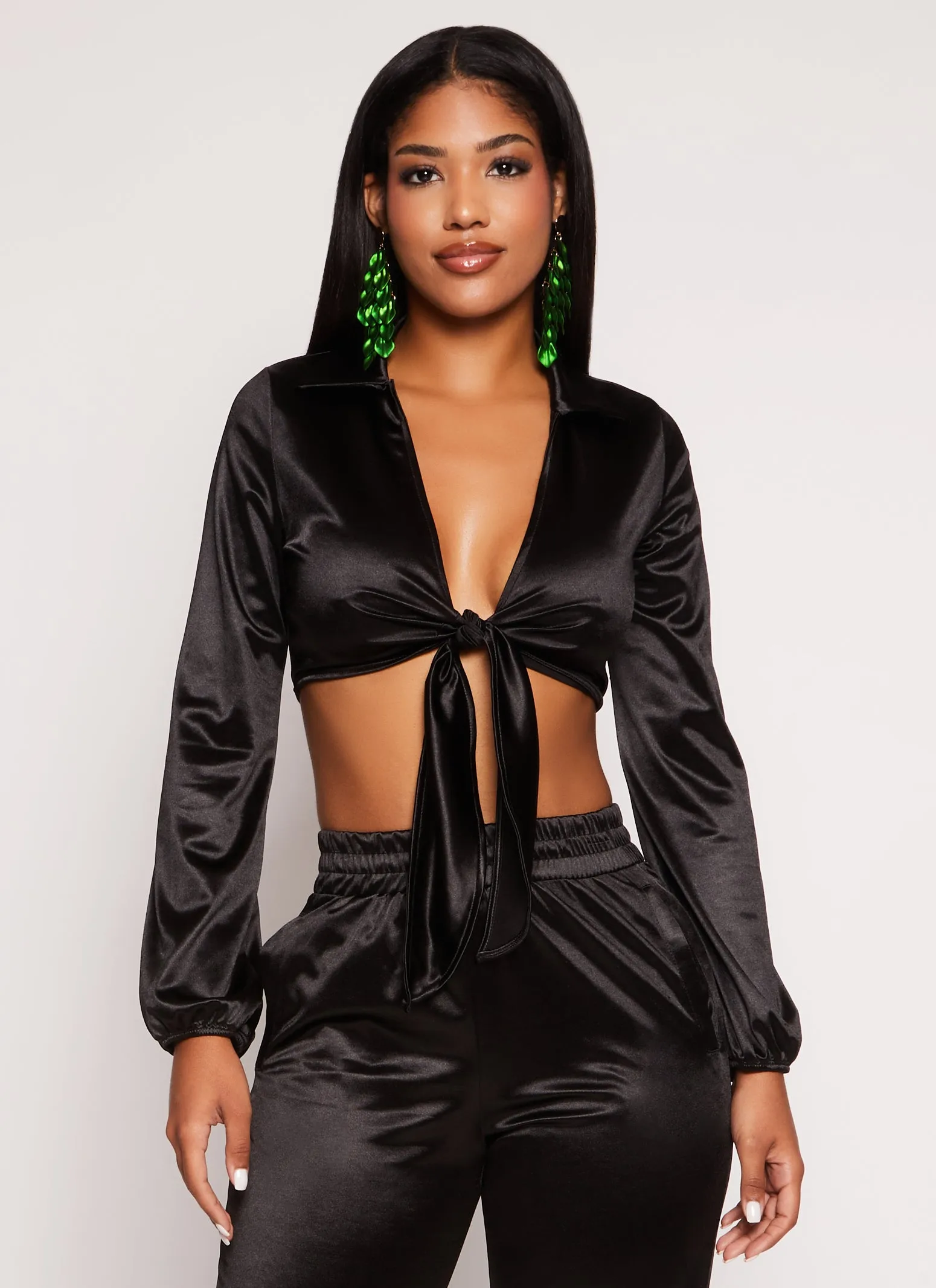Satin Tie Front Long Sleeve Crop Top sold by Rainbow