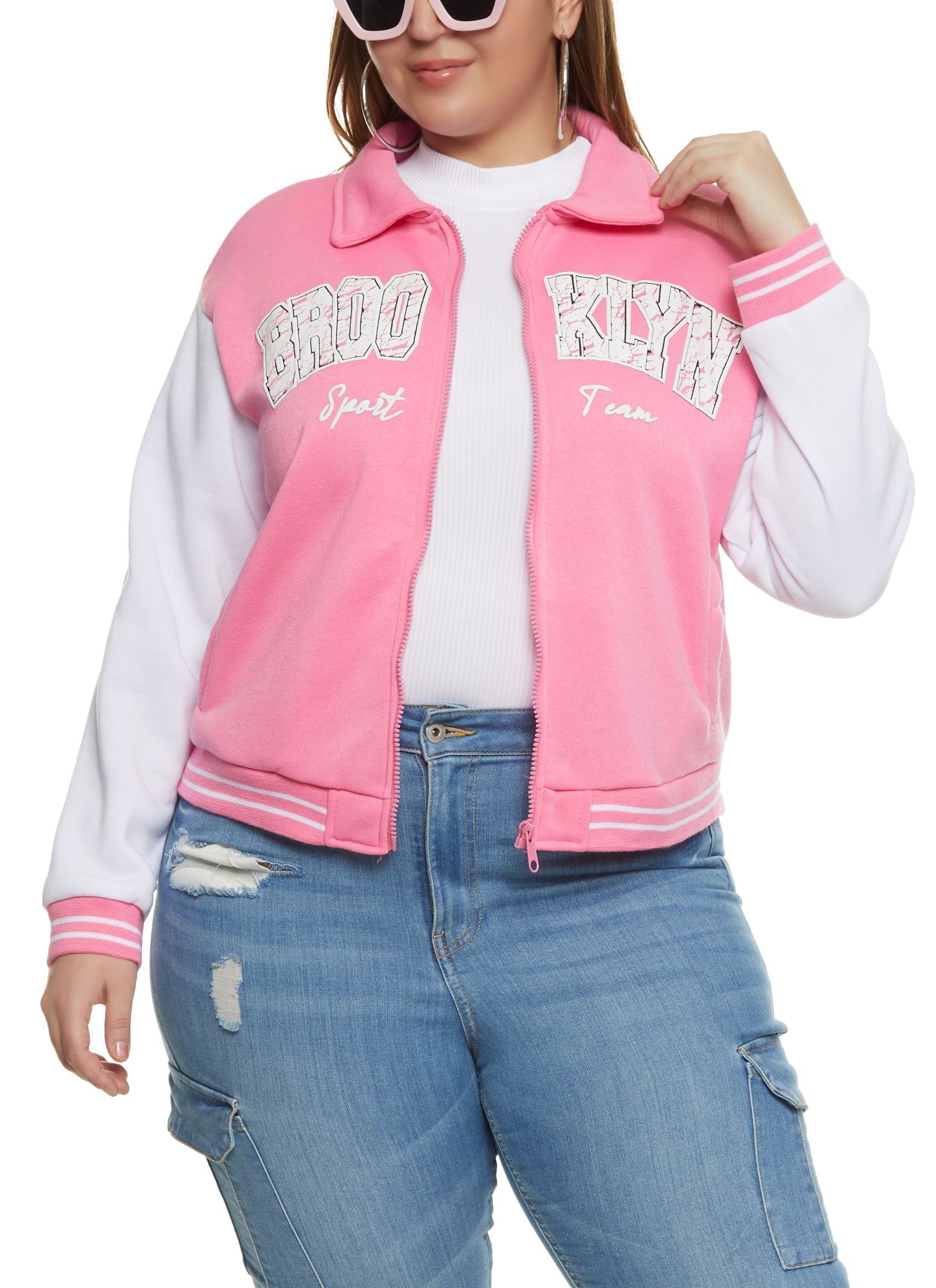 Plus Size Brooklyn Zip Front Varsity Jacket sold by Rainbow