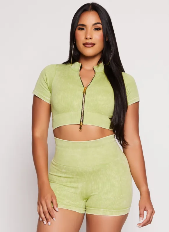 Daisy Seamless Ribbed Zip Front Short Sleeve Crop Top sold by Rainbow