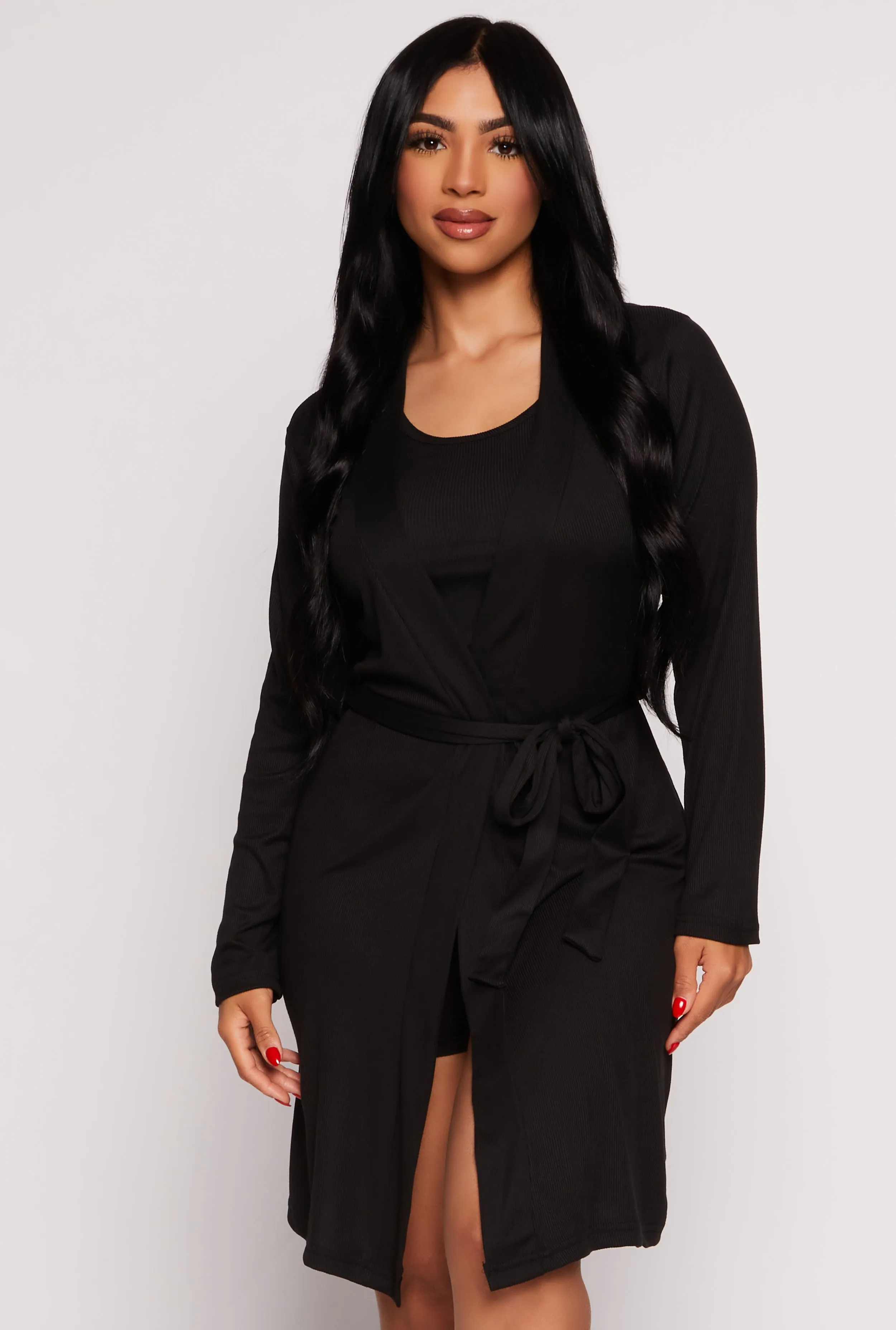 Ribbed Knit Cropped Pajama Tank Top and Shorts with Robe sold by Rainbow