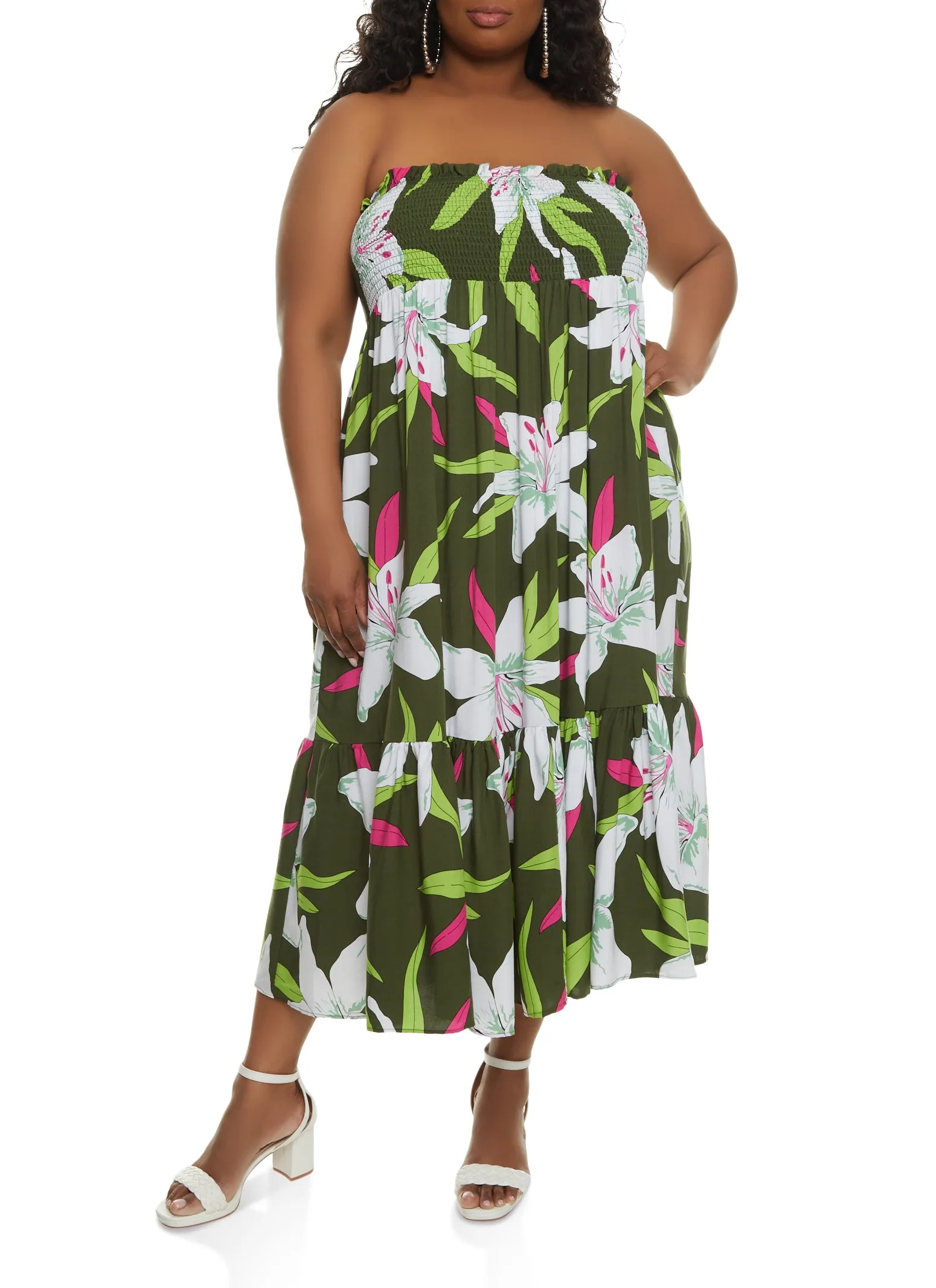 Plus Size Floral Print Smocked Convertible Maxi Dress sold by Rainbow