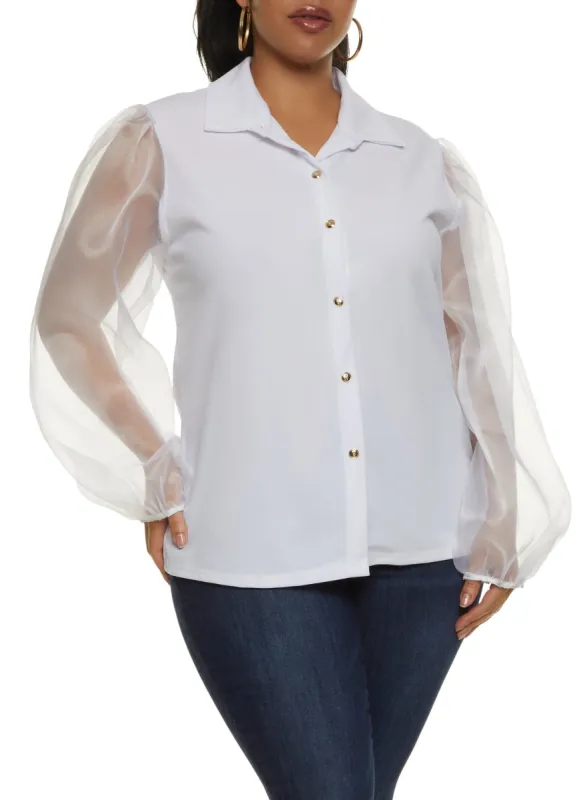 Plus Size Organza Puff Sleeve Button Front Blouse sold by Rainbow