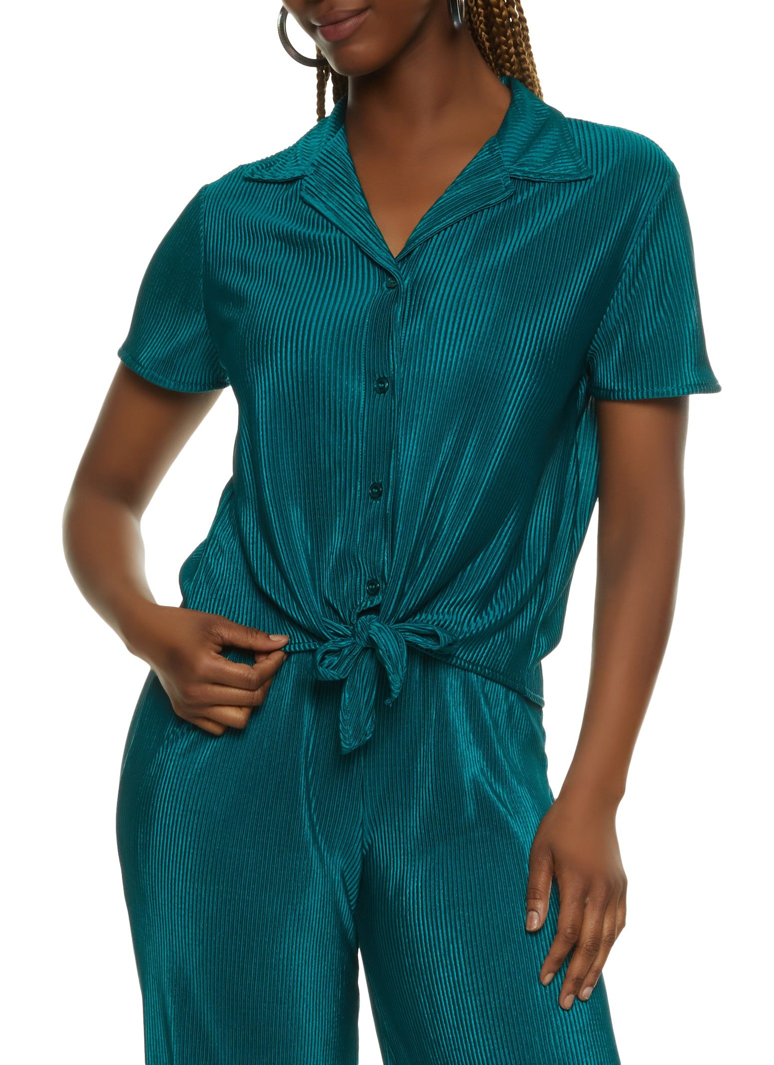 Plisse Button Down Tie Front Shirt sold by Rainbow