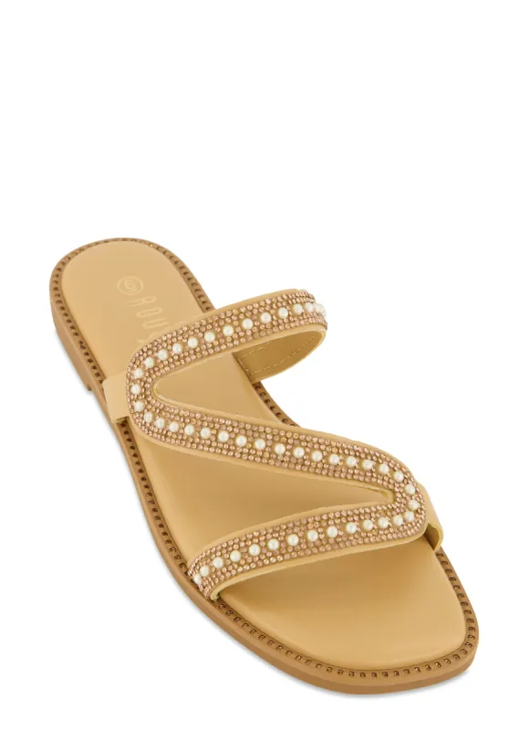 Rhinestone Asymmetric Band Flat Sandals sold by Rainbow
