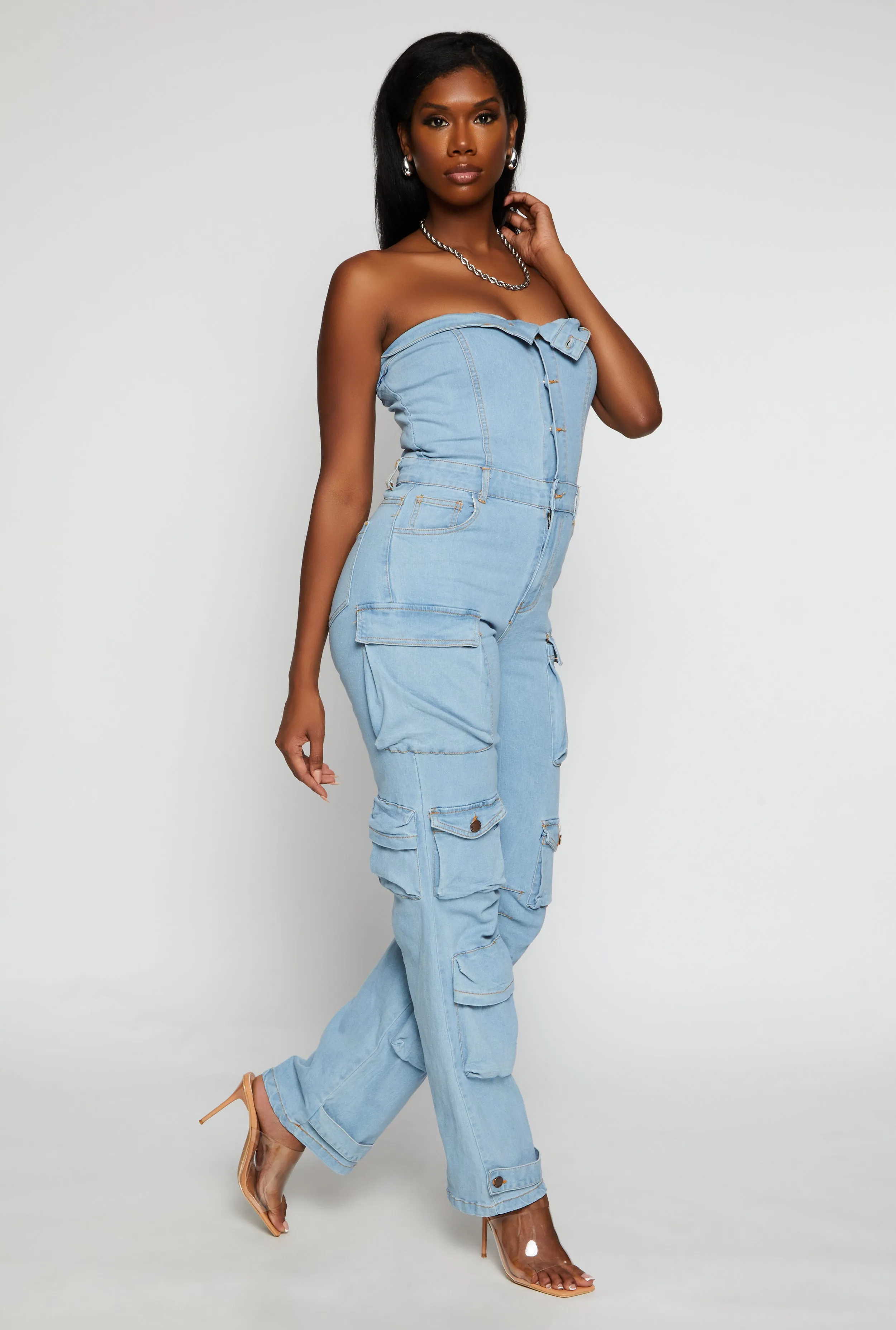 Daisy Denim Strapless Button Front Cargo Jumpsuit sold by Rainbow