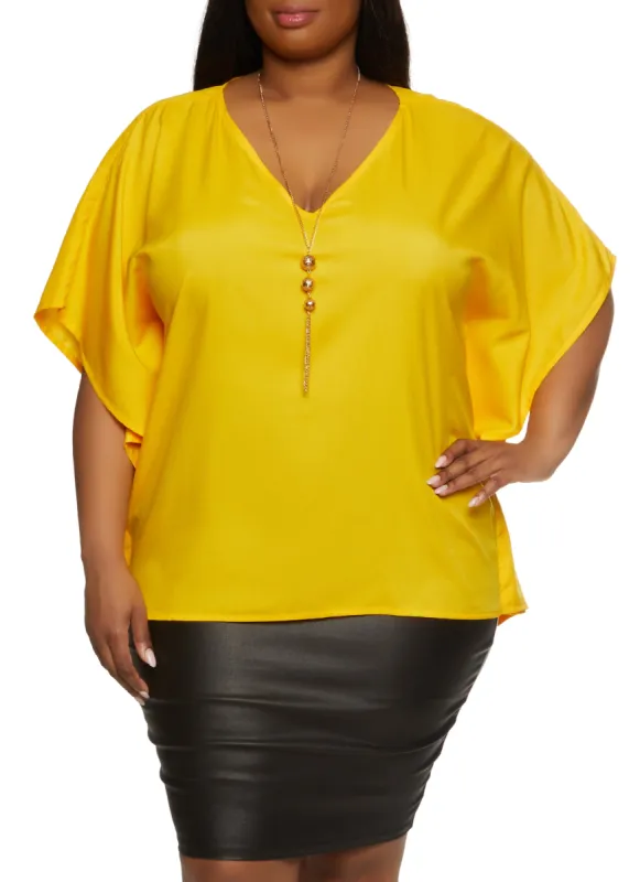 Plus Size Batwing Sleeve V Neck Blouse with Necklace sold by Rainbow
