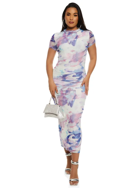 Iris Mesh Printed Short Sleeve Midi Dress sold by Rainbow