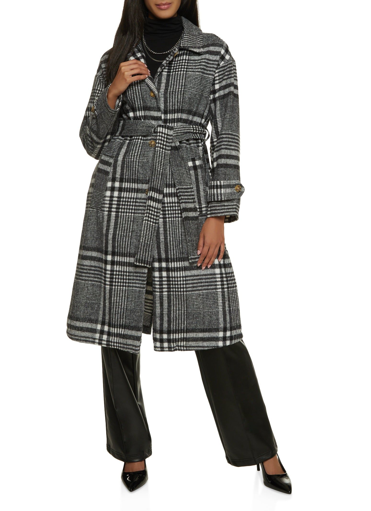 Brushed Knit Plaid Belted Longline Shacket sold by Rainbow product image thumbnail 2
