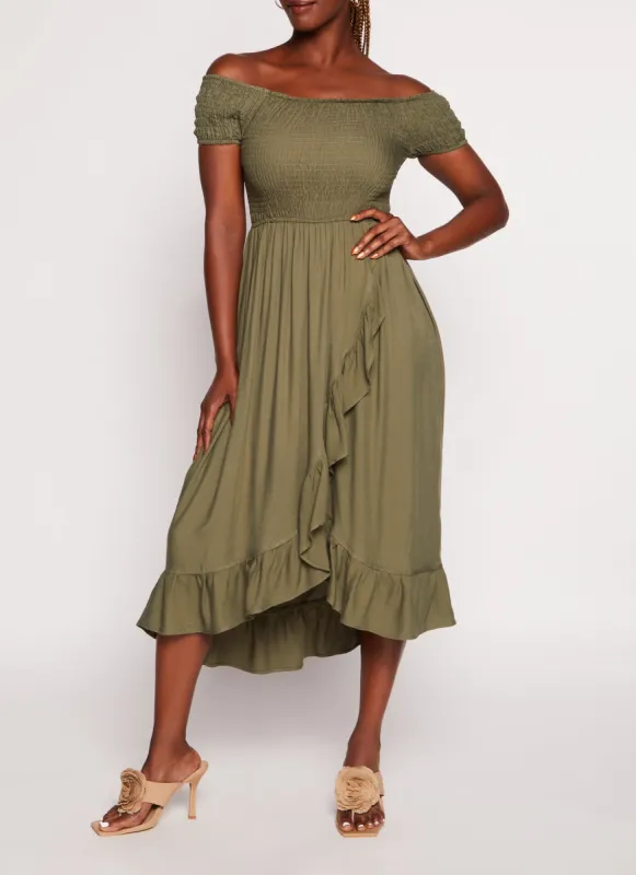 Off The Shoulder Smocked Tulip Hem Dress sold by Rainbow