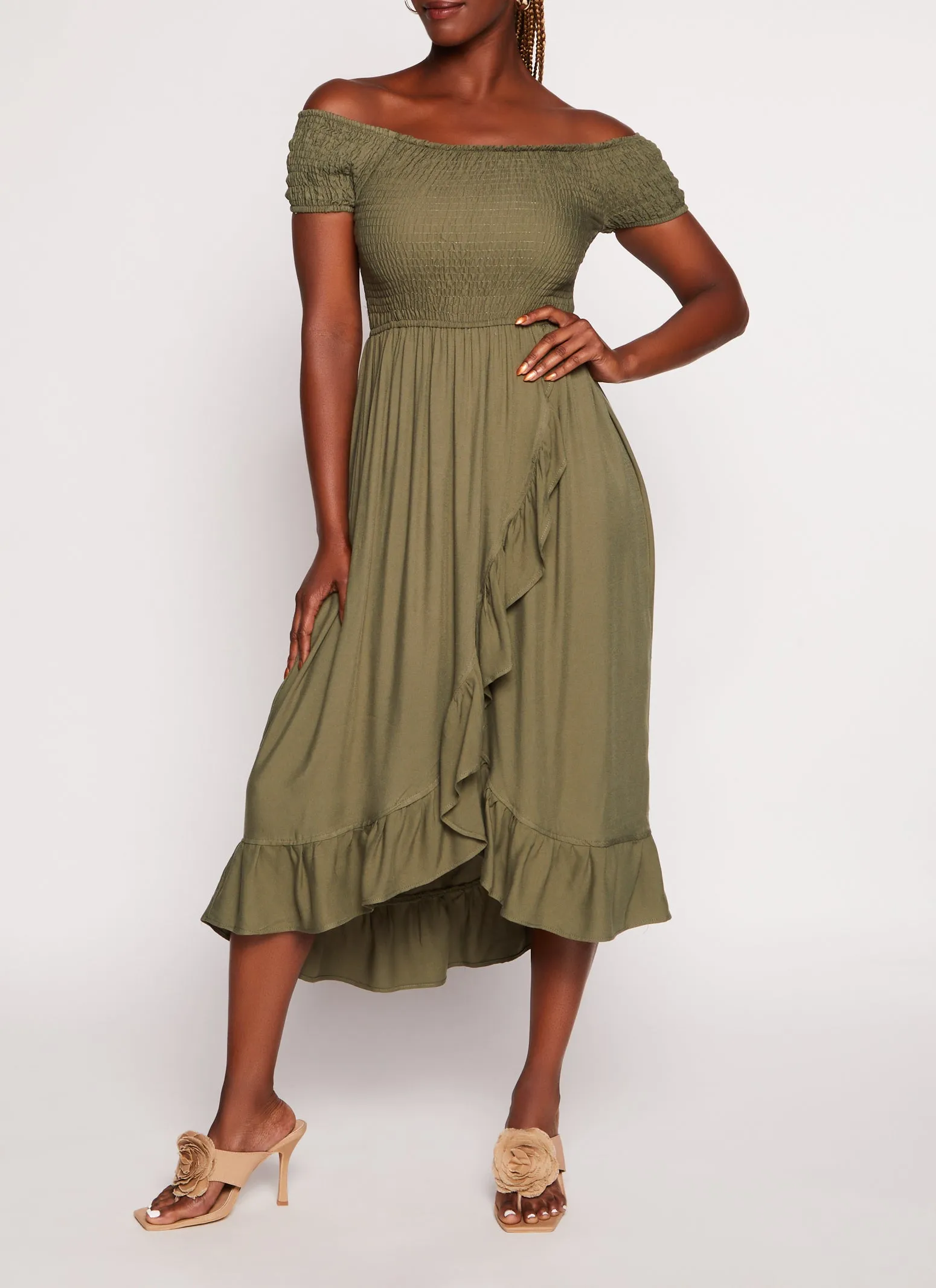 Off The Shoulder Smocked Tulip Hem Dress sold by Rainbow