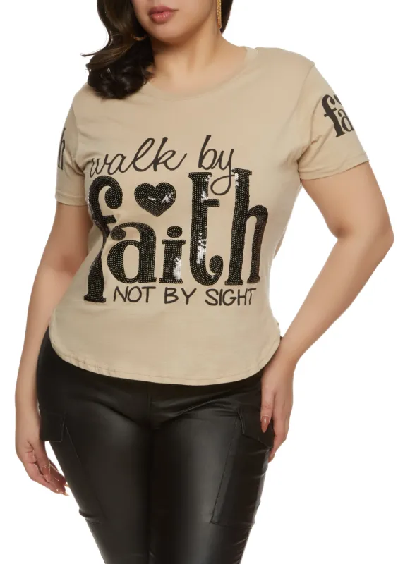 Plus Size Walk By Faith Sequin Graphic Tee sold by Rainbow