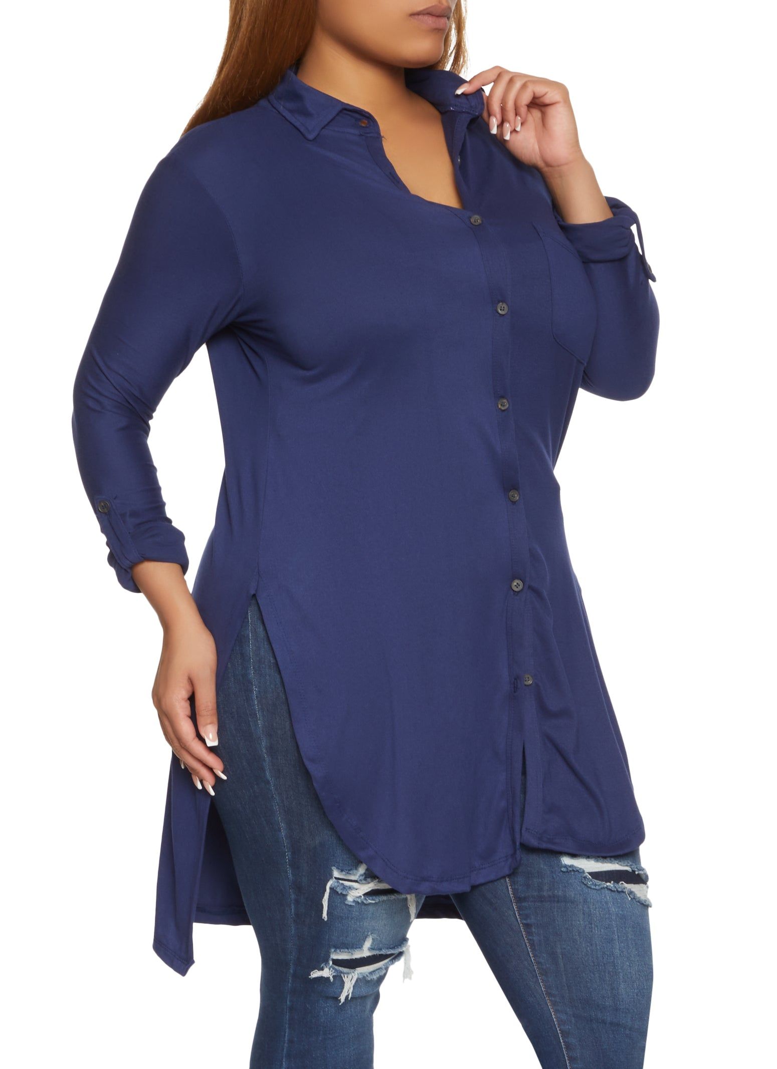 Plus Size Side Slit Button Front High Low Shirt sold by Rainbow