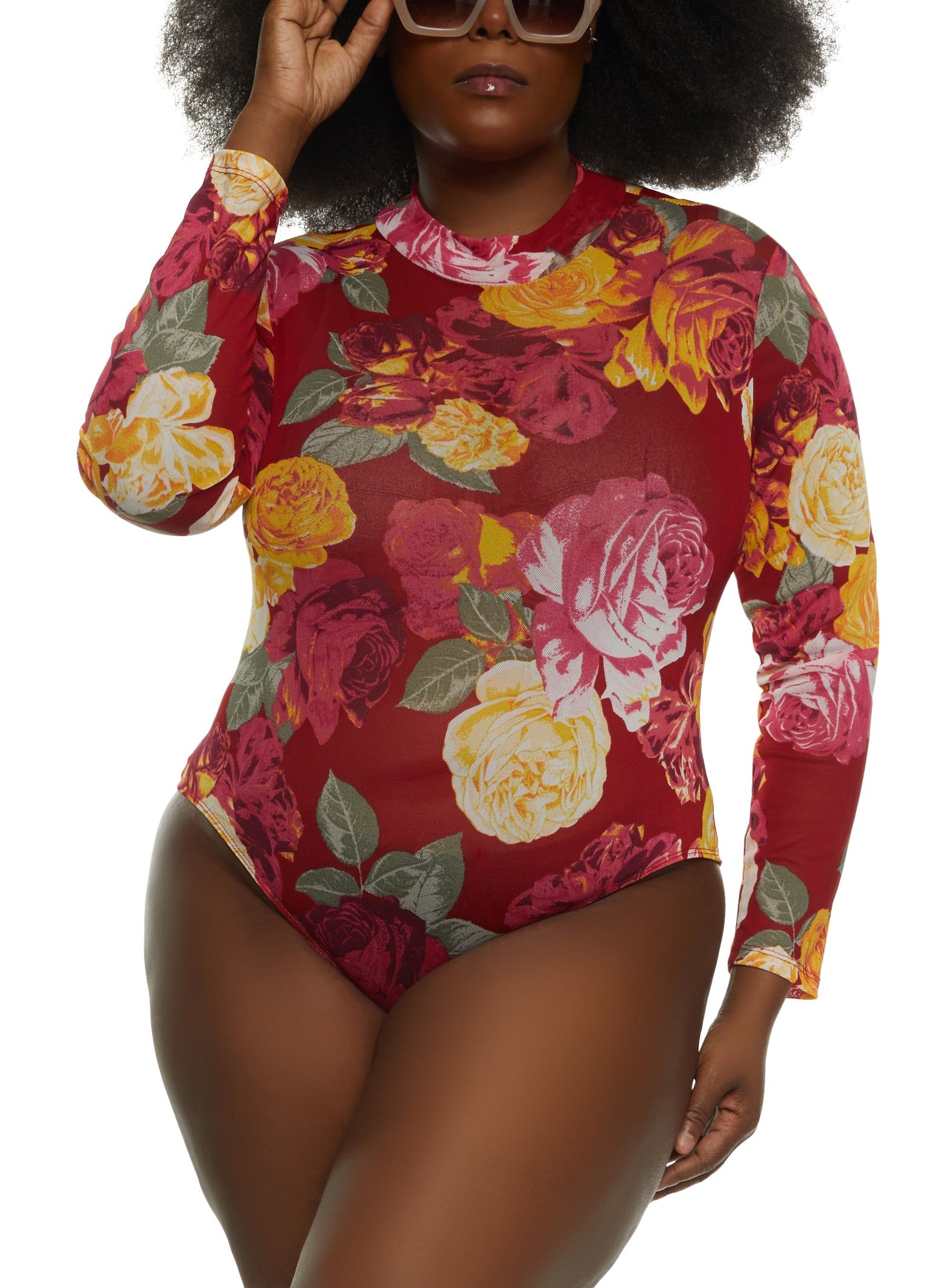 Plus Size Printed Mesh Mock Neck Bodysuit sold by Rainbow