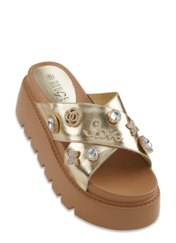 Love Charm Pendant Platform Slide Sandals sold by Rainbow