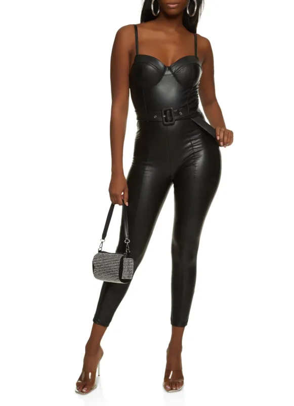 Faux Leather Belted Bustier Jumpsuit sold by Rainbow