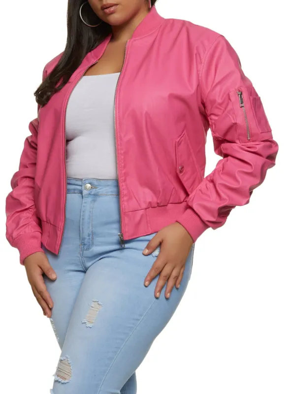 Plus Size Faux Leather Ruched Sleeve Bomber Jacket sold by Rainbow