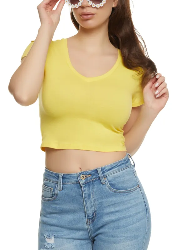 Solid Cropped V Neck Tee sold by Rainbow