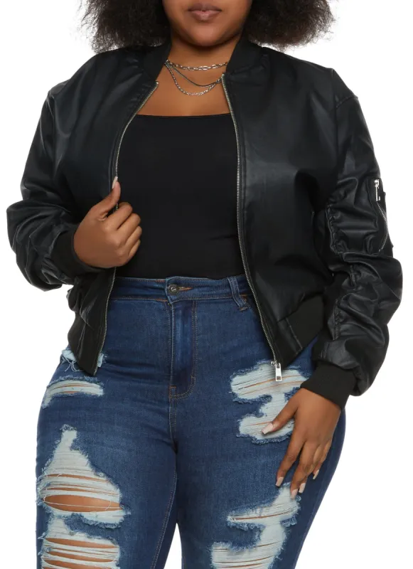 Plus Size Faux Leather Ruched Sleeve Bomber Jacket sold by Rainbow