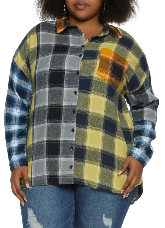Plus Size Mixed Plaid Flannel Shirt sold by Rainbow